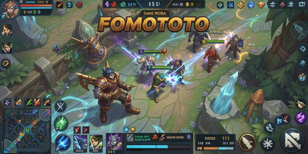 Tampilan seru dari gameplay FOMOTOTO yang penuh aksi di arena MOBA.