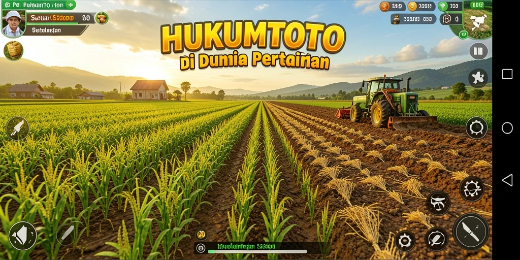 Screenshot HUKUMTOTO menampilkan ladang yang rimbun dan hewan ternak yang lucu.