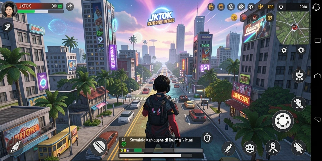 Tampilan gameplay JKTOK dengan elemen simulasi yang menarik.
