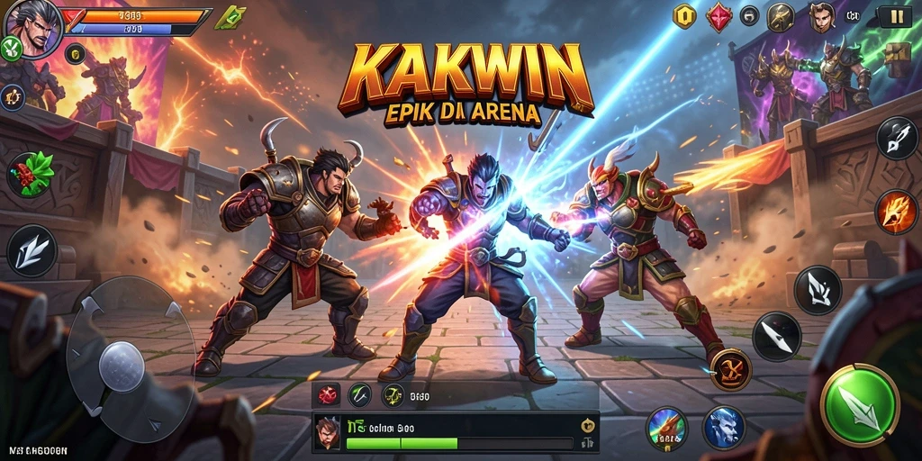 Screenshot utama KAKWIN menampilkan pertarungan seru antar karakter.