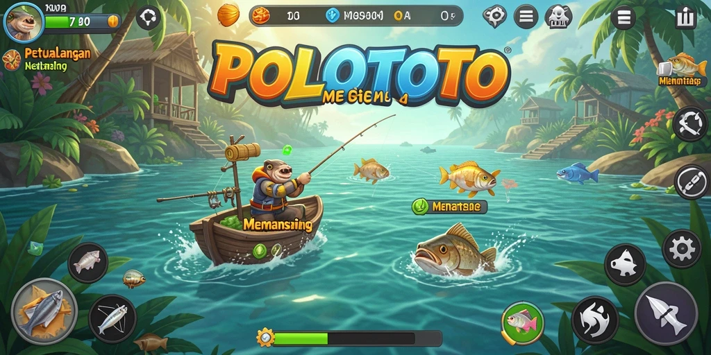 Screenshot gameplay <strong>POLOTOTO</strong> menunjukkan aksi memancing yang penuh tantangan dan keindahan alam.